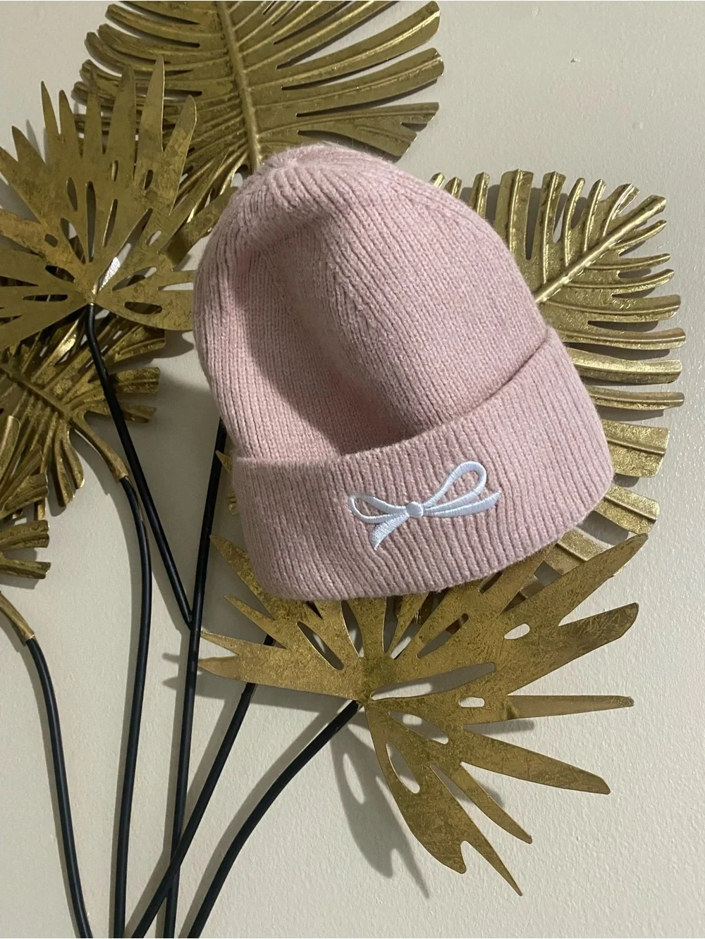 Blush Pink Kids Knit Beanie with White Bow Accent